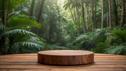 empty Wooden product display podium with green, tropical  forest background . Eco-friendly concept . product presentation ideas
