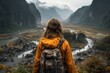 a woman with an orange backpack with hiking poles, in the style of sumatraism, candid photography, quietly poetic, the snapshot aesthetic, vfxfriday, campcore