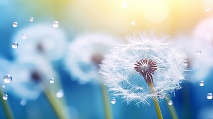Wall Mural - Dandelion Seeds in the drops of dew on a beautiful blurred background. Dandelions on a beautiful blue background. Drops of dew sparkle on the dandelion