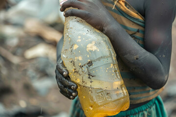  Close up of an African child as they collect dirty drinking water from a stream