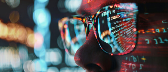 Wall Mural - close-up of a person's face with reflective code on glasses suggesting digital innovation.