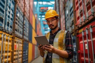 Wall Mural - Caucasian man engineer using digital tablet and wearing yellow safety helmet and check for control loading containers box from Cargo freight ship for import and export, transport