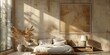 Bright and cozy modern bedroom with wooden large bed. smoothing morning light with modern decoration. 3d render