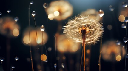 Wall Mural - Seeds dandelion mirror reflection. Dark background dandelions in the drops dew with a beautiful golden bokeh. Water droplets sparkle on the seeds of dandelions with the reflection in the mirror