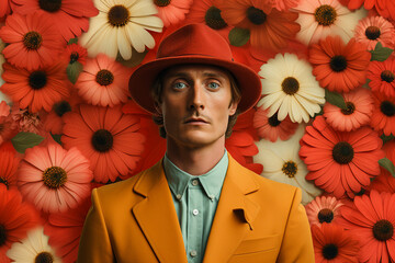 Wall Mural - Photography of a handsome gentleman dressed stylish retro clothes blooming flowers background generative ai technology