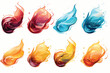 Colourful row with spiral, pouring, falling, flowing spattering splash and squirt. Splattered pure juice, lemonade, cocktail shake or jam vector illustration isolated set on white background