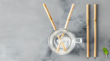 Wall Mural - Bamboo straw in a glass of water on the grey background, Reusable bamboo straws as an alternative for single-use plastic straws, healthy and sustainable lifestyle concept