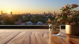 Fototapeta  - an abstract wooden tabletop on a kitchen window, in the style of photo-realistic landscapes, smooth and shiny, flat backgrounds, soft-focused realism, wood