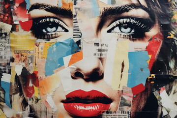 Poster - Generative AI picture Abstract modern art collage portrait of young woman man Trendy paper collage composition