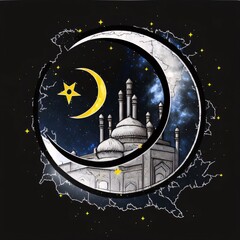 Wall Mural - Illustration of a crescent moon on a dark background with an image of a mosque.