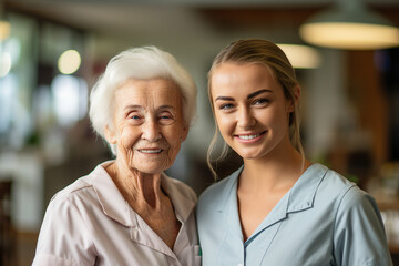 Canvas Print - Generative AI illustration of an elderly person with doctor on treatment and rehabilitation