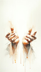 Poster - Sacred Scars: The Stigmata of Christ. Hands of a man with blood on a white background.  Digital watercolor painting.