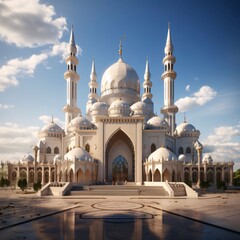 Wall Mural - Large mosque with minarets, photo. Mosque as a place of prayer for Muslims.