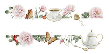 Horizontal Frame Of Rose Hip Flowers, Berries, Leaves, White Porcelain Teaware And Butterflies. Watercolor Illustration
