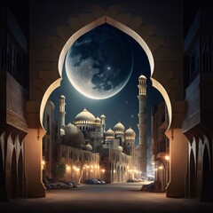 Wall Mural - Decorated open gate with an image on the mosque on it a large moon. Mosque as a place of prayer for Muslims.