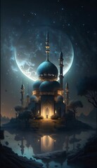 Wall Mural - Small mosque against the backdrop of a big moon all around flowing river at night. Mosque as a place of prayer for Muslims.