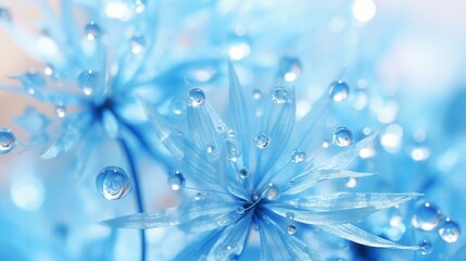 Canvas Print - Transparent drops of water on a dandelion macro flower. Sparkling droplets water. Beautiful bright blue floral background. Amazing startling colorful artistic image of nature