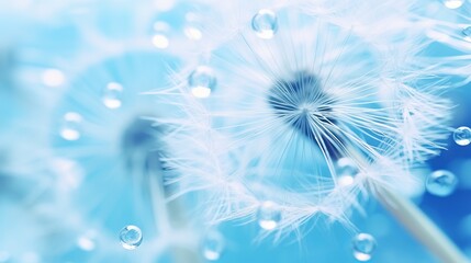 Wall Mural - Transparent drops of water on a dandelion macro flower. Sparkling droplets water. Beautiful bright blue floral background. Amazing startling colorful artistic image of nature