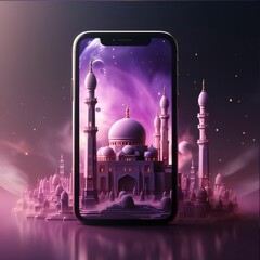 Wall Mural - Smartphone on the screen, mosque, minaret, pink background. Mosque as a place of prayer for Muslims.