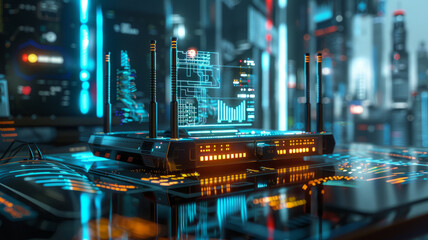 An illustration of a futuristic digital router connecting to a network in cyberspace.