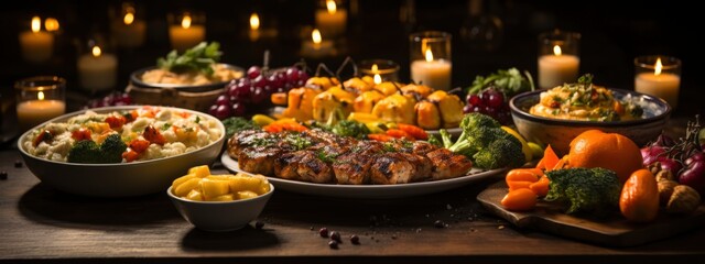 Wall Mural - food on the festive table with drinks and candles, Friendsgiving, holiday, party food ideas concept. banner