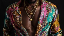 Colored Silk Shirts With Intricate Patterns Or Bold Prints. These Shirts Are Often Unbuttoned Halfway, Revealing His Chest And Gold Chains, Adding To His Machismo And Ostentatious Cool Persona.