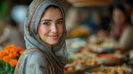 Wall Mural - A young, smiling woman in hijab against the blurry background of a marketplace. Ramadan as a time of fasting and prayer for Muslims.