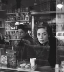 Wall Mural - Realistic indoor black-and-white photograph of a deli seen through its front window, with a man and woman behind the counter. From the series “Art Film - Black and White,