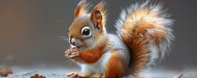 A Miniature Squirrel, Tail Bushy And Paws Holding A Tiny Nut, Looking Up With Bright Eyes, Its Adorable Presence Depicted With Hyper-realistic Detail.