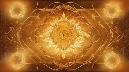 Wall Mural - fractal background with ornament _A gold and brown mandala of sacred geometry on a gradient background. Squares, diamonds, and leaves  