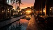 an image of the sunrise over ponds and palm trees, in the style of princesscore, classic elegance, high-angle, goa-insprired motifs, i can't believe how beautiful this is, cartelcore, timeless eleganc