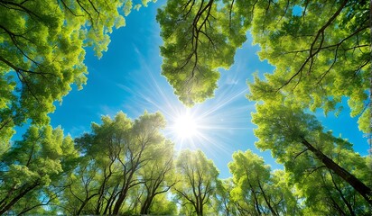 Wall Mural - Looking up Green forest. Trees with green Leaves, blue sky and sun light. Bottom view	