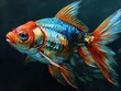 an ornamental fish drawing on black background, in the style of light brown and teal, precision painting, kimoicore, colorful animation stills, mesmerizing colorscapes, charming characters, realistic 