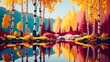 Tranquil autumn scene featuring trees, water, and reflections on a lake with birch trees and a forest.