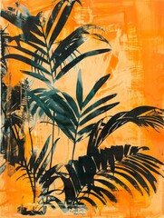 Wall Mural - Plant Painting on Orange Background. Printable Wall Art.