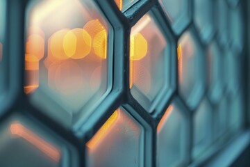 Canvas Print - Hexagonal mesh window design casting soft light patterns on smooth, blur pastel interior.