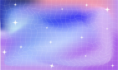 Wall Mural - Groovy retro checkered wavy background. Stylish holographic backdrop with gradient mesh and stars.