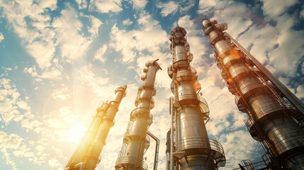 Wall Mural - view from the ground up of towering silver industrial distillation columns at a petrochemical plant with a sunlit blue sky in the background.