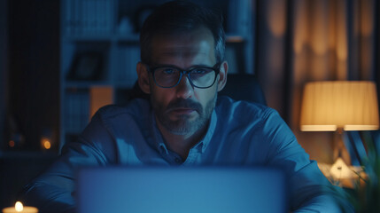 Serious businessman, freelancer in eyeglasses sits at desk staring at laptop screen learn new program, review app, do telework, search issue solution, think on answer, consider received information