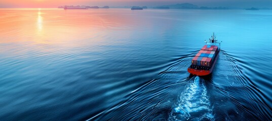 Wall Mural - Aerial view of vibrant container cargo ship in blue sea with copy space, transportation concept