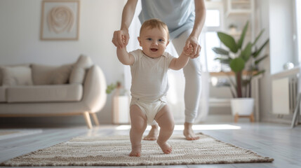 Canvas Print - joyful baby is taking steps towards the camera while holding an adult's hand, likely taking some of their first steps in a cozy home environment.