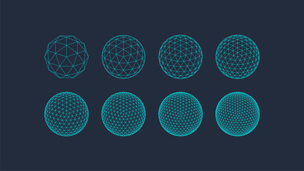 3d geometric shapes set, editable stroke wireframe. line mesh spheres, geodesic dome. vector outline