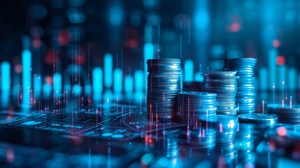 stacks of coins with a backdrop of glowing blue digital graphs and circuitry, symbolizing the intersection of money and technology.