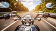 Motorcycle speeding on highway at sunset, perspective from rider on an exhilarating journey.