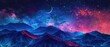 Mystical Mountain Landscape, Vibrant Digital Painting, A digital painting of a mountain landscape under a starry sky with a bright crescent moon, featuring vibrant colors.