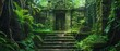Mysterious Door in Lush Jungle Ruins, Atmospheric, ancient ruins overgrown with greenery and leading to a mysterious door in a photo-realistic jungle setting