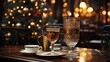 christmas table background with christmas tree and blurred background, light yellow and dark brown, photorealistic scenes,photorealistic renderings, lively tavern scenes