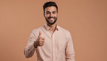 Wall Mural - A cheerful bearded man in a peach shirt showing a thumbs up. His grin is full of confidence.