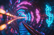 An abstract digital tunnel glowing with neon lights currency symbols floating towards the viewer