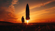 Silhouetted delivery man beside his classic rocket ready for liftoff at dusk in a world of tomorrow